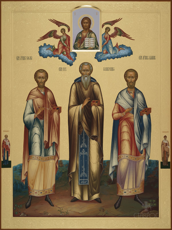 Рукописная икона "Святые Косма, Дамиан, Кир"