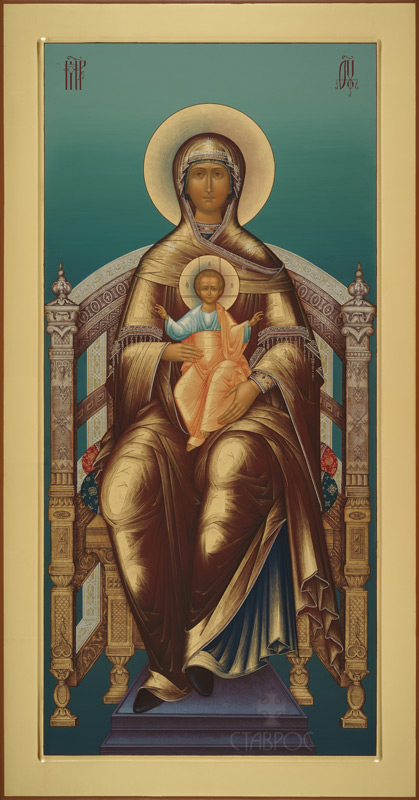 Рукописная икона Богоматерь на престоле